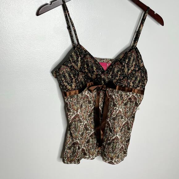 Vintage 90s Y2K Thalia Sodi Babydoll Tank Top Small Brown Floral Bow Deadstock - Picture 2 of 10